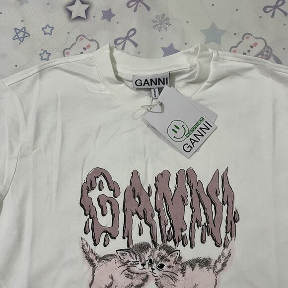 Ganni White Printed Crew Neck Short-Sleeve T-Shirt - Picture 2 of 5